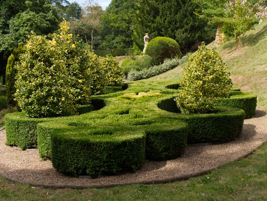 A beautifully designed topiary garden with lush greenery and artistic shrub formations.